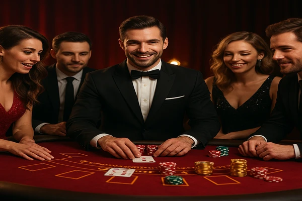 আলো ঝলমলে গেমিং পরিবেশে একজন আত্মविश्वাসী ডিলার bk3 অ্যাকাউন্টে নিরাপদ প্রবেশের জন্য ব্যবহারকারীদের আমন্ত্রণ জানাচ্ছেন।